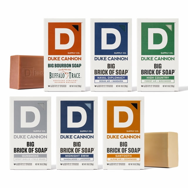 Duke Cannon Supply Co. Paquete variado de barra de jabón Big Brick of para hombres (Bourbon Sawtooth Midnight Swim N Diplomacy High Country & Gun Smoke) - Todo tipo de piel, 10 oz. (Paquete de 6)