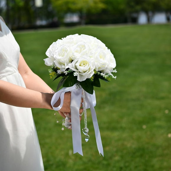 Birdeem Bridal Bouquets for Wedding, White Roses Artificial Flowers, Bridal White with Diamonds Hand Bouquet Rose Ribbon Wedding Wedding Ribbon, Wedding Bouquets for Bridesmaids