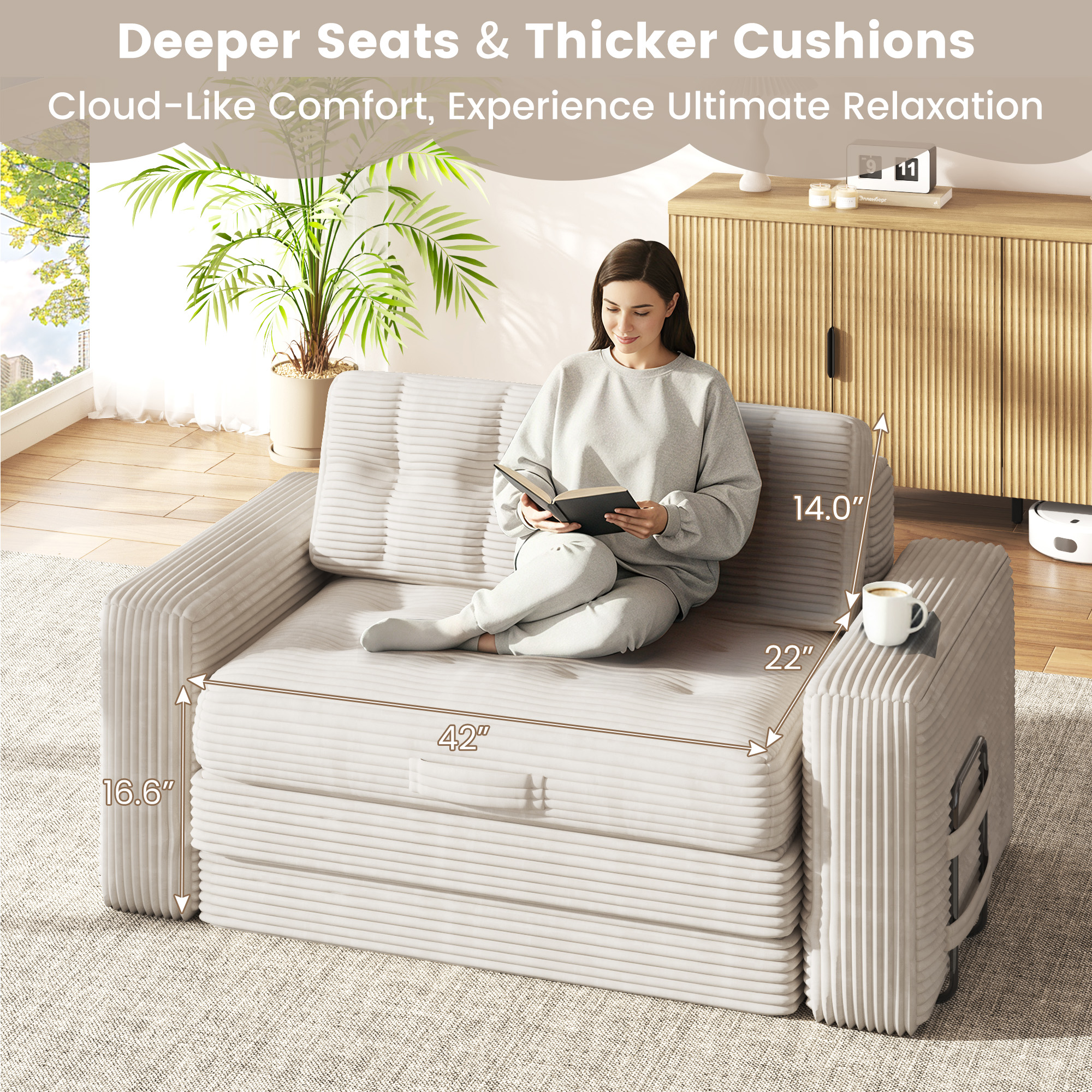 Erinnyees 2-in-1 Sleeper Sofa, No Assembly Corduroy Loveseat, Converts to Bed with Deep Seat & 2 Included Pillows