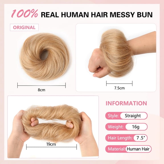 WEIF-Messy Bun Hair Piece 100% Real Human Hair Ash Blonde Wavy Tousled Stretchy Fluffy Donut Updo Human Hair Messy Bun Chignons Scrunchies(1 Count #18 Ash Blonde