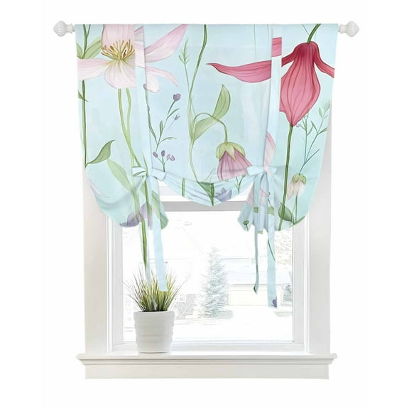 Blue Pink Green Floral Tie Up Curtains for Window, Thermal Insulated Balloon Shade Adjustable Rod Pocket Curtains Valance Panels for Kitchen Bathroom Cafe 42 x 63 Seasonal Botanical Blooms