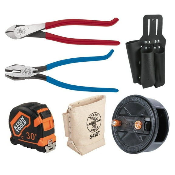 Klein Tools Pliers, Tape Measure, Tool Bag, Tie Wire Reel, Tool Holder Bundle