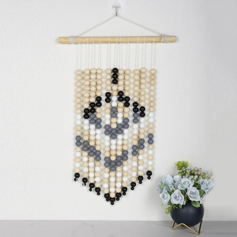 wood Beads Tapestry Beaded Tassel Wall Hanging Pendant Craft Handmade  Material for Living Room Bedroom Dorm Background Decoration 