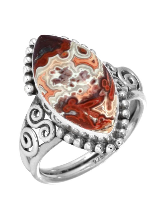 925 Sterling Silver Women Jewelry Natural Crazy Lace Agate Ring