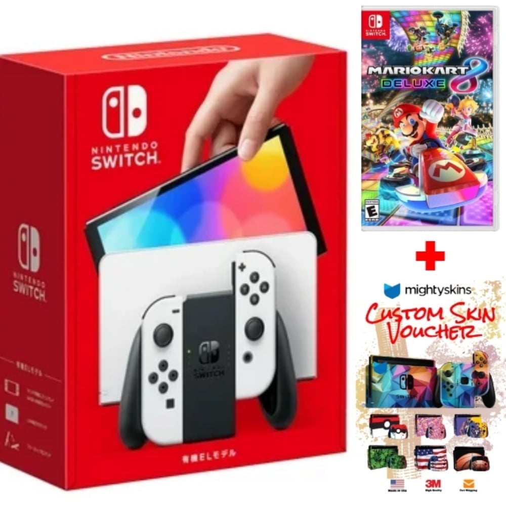 Nintendo Switch OLED Model Bundle W/ White Joy-Con Console with Mario Kart 8 Deluxe Game & Mightyskins Voucher – JP Edition with US Plug