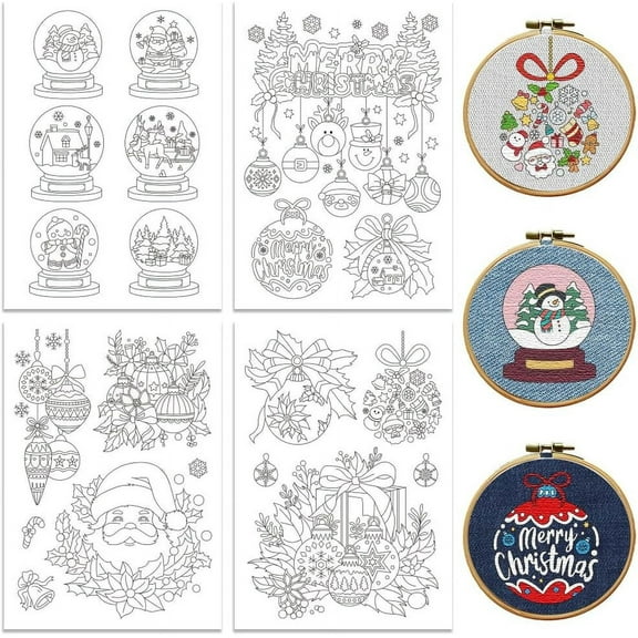 Water Soluble Embroidery Patterns for Beginners Christmas Ball Santa Claus Reindeer 4 Sheets with 20pcs Wash Away Embroidery Pattern Stabilizer for Hand Sewing Lover Women Adults