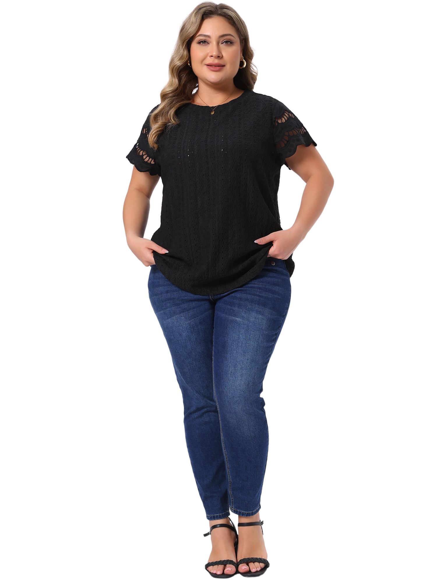 DARING DIVA Women's Plus Casual Lace Panel Hollow Dressy Eyelet Blouses 3X Black