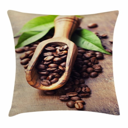 Coffee Throw Pillow Cushion Cover, Beans on the Old Table Morning Drink Waking Up Rustic Theme Leaves Beans, Decorative Square Accent Pillow Case, 16 X 16 Inches, Pale Caramel Green, by