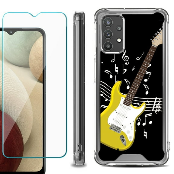 Shockproof Bumper Phone Case for Samsung Galaxy A32 5G, with Tempered Glass Screen Protector, by OneToughShield ® - Guitar Yellow