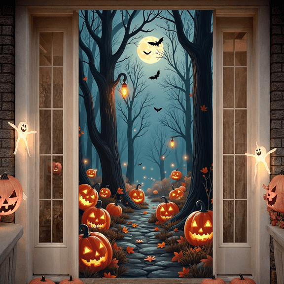 Spooky Forest Halloween Banner Jack O'Lantern Pumpkins Bats Full Moon for Halloween Party Decoration Festive Event Autumn Celebration