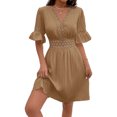 thumbnail image 3 of DYMADE Womens Lace Spliced Hollow Out Elastic Waist V-Neck Half Sleeve Solid A-Line Dress, 3 of 4