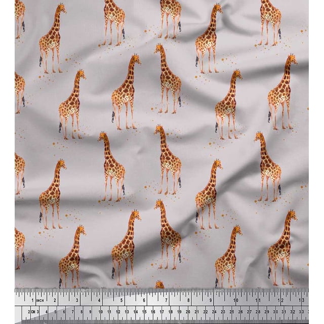 Soimoi Gray Poly Georgette Fabric Dot & Giraffe Animal Decor Fabric Printed BTY 52 Inch Wide