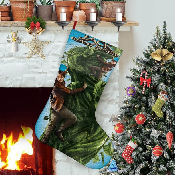 Jack el Cazagigantes Tema: Calcetines de Navidad, fino lino blanco para colgar en escaleras y chimenea, decoración navideña para el hogar, regalo de Navidad. 45cm × 32cm