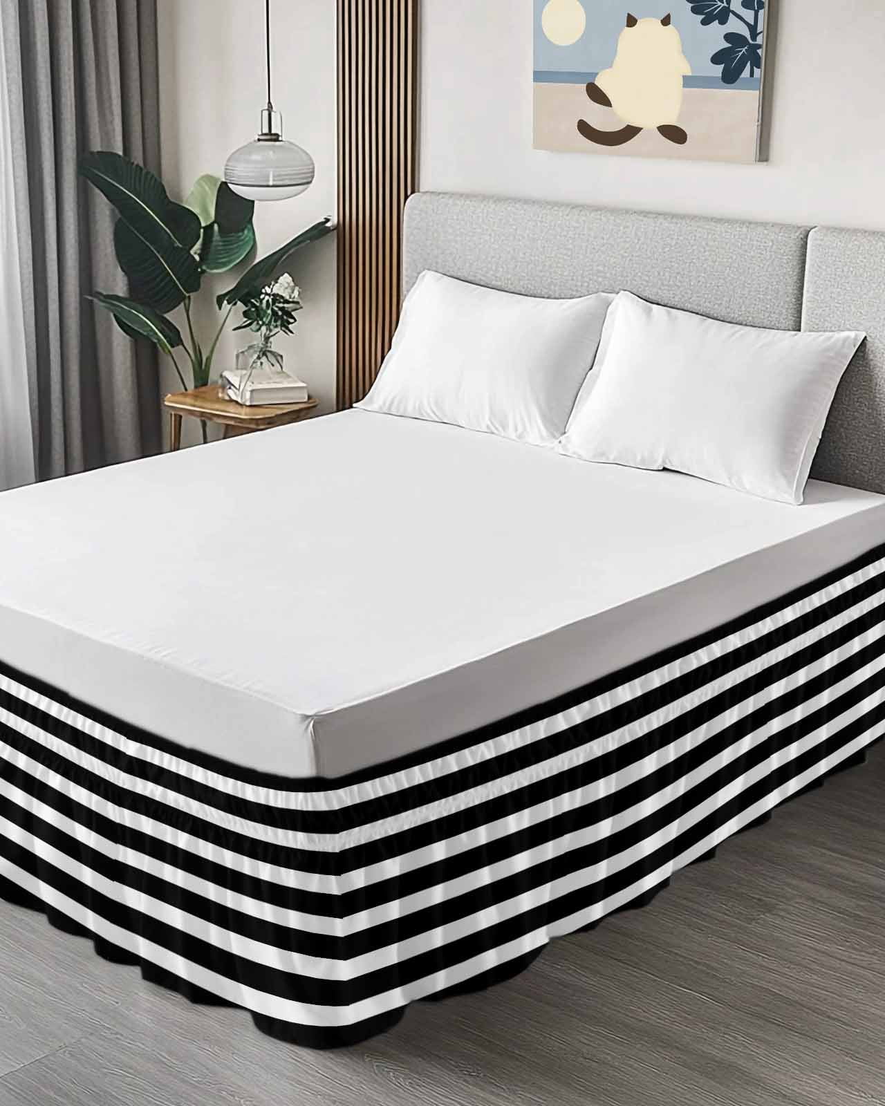 Black Striped Wrap Around Bed Skirts for Queen Bed 18" Drop,Bed Skirt with Adjustable Elastic Belt Dust Ruffle Bed Valance for Bedroom Hotel Modern Simple Monochrome Geometric White Bed Frame Cover