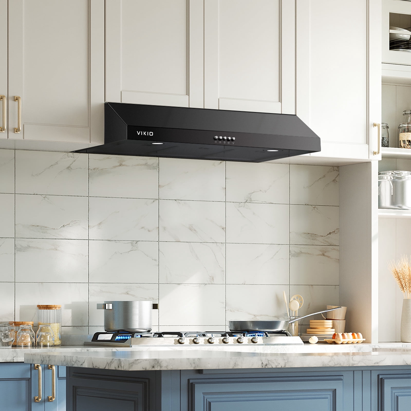 VIKIO 30 inch Under Cabinet Range Hood 600 CFM Ducted in Stainless Steel with Mesh Filters and Push Buttons, Black
