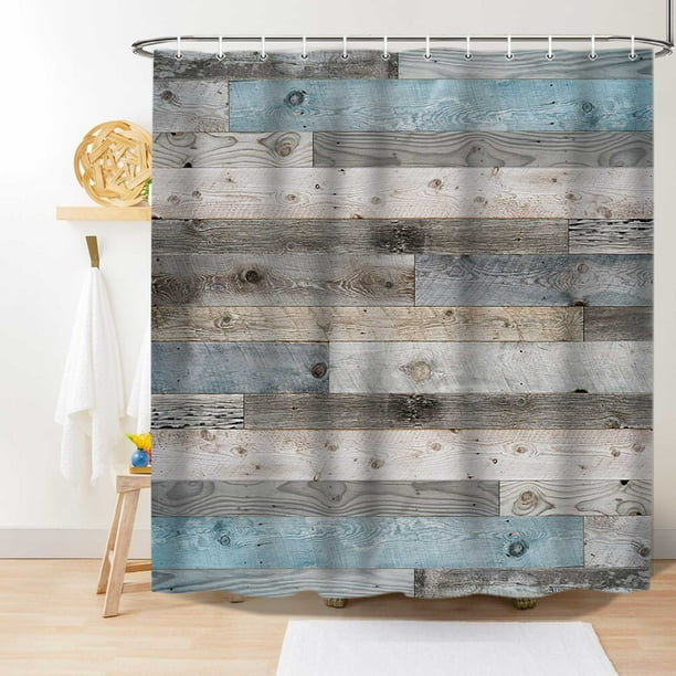 Rustic Shower Curtain, Blue Grey Wood Barn Door Bathroom Curtains ...