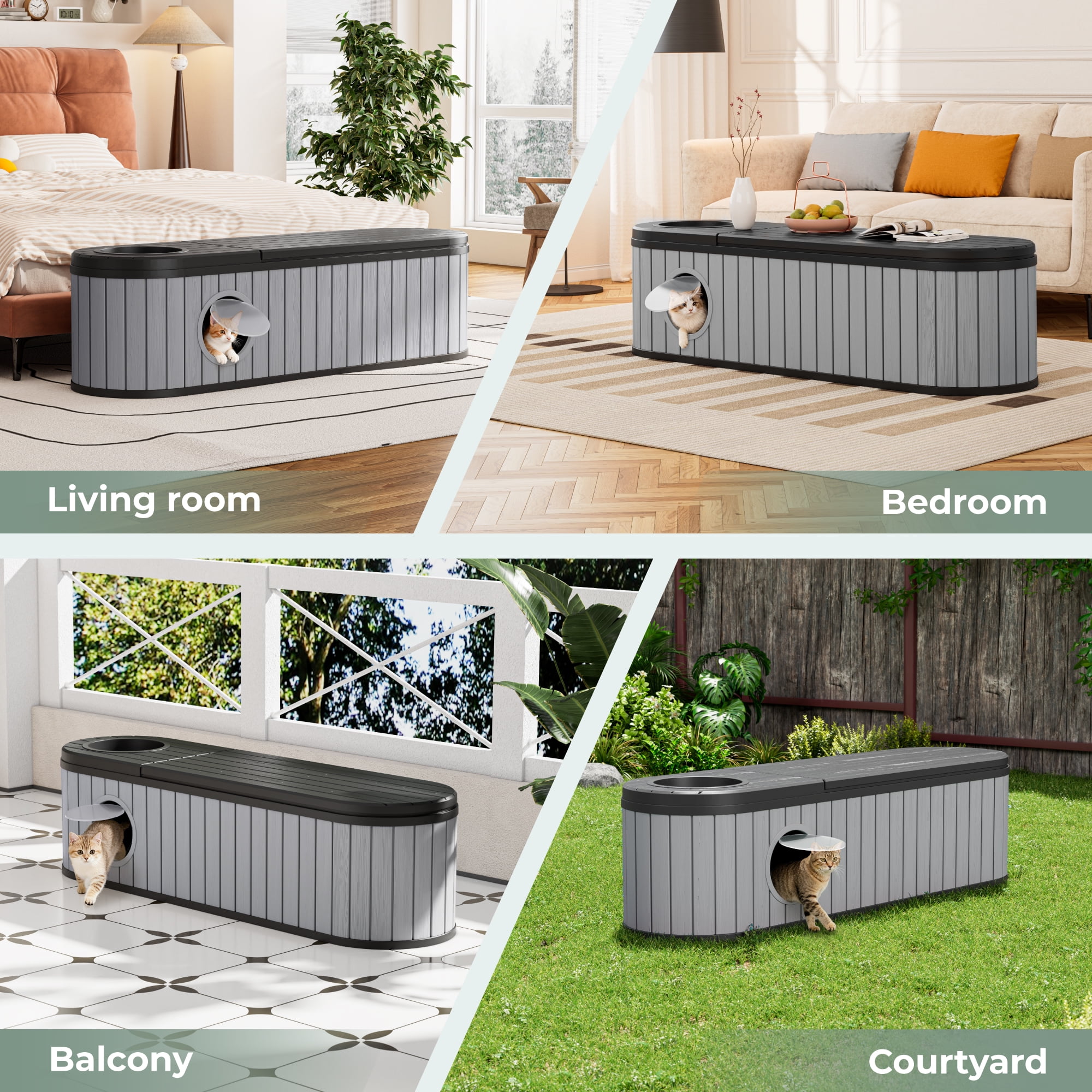 LHBcraft Cat Litter Box Enclosure,HDPE Cat Cabinet with Round Lift-Up Door,Hidden Cat Litter Box Furniture for Bedroom and Living Room,Gray