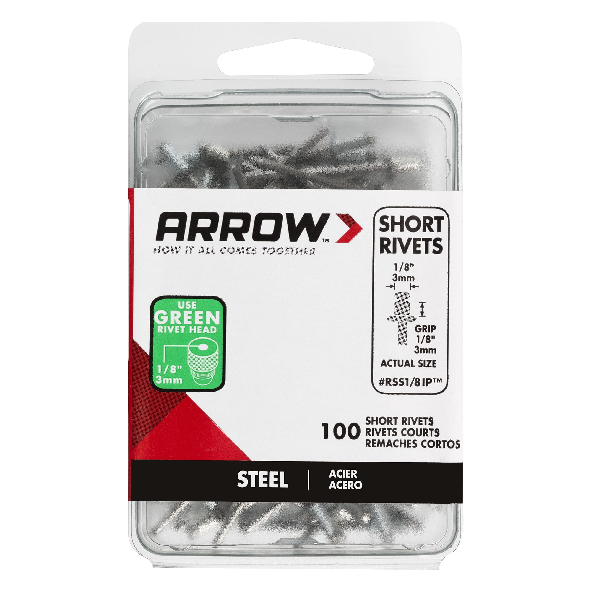Arrow RSS1/8IP Short Steel Rivets, 100 Pack