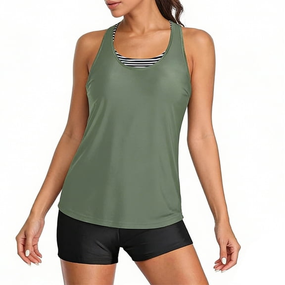 Qingpeng 3 Piece Athletic Tankini Swimsuits for Women with Swim Tank Tops with Boy Shorts and Sports Bra Modest Bathing Suit