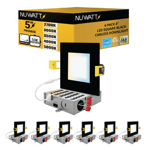 NuWatt 4 in. Slim Canless Square LED Recessed Lightt 5CCT 27K-50K Dimmable IC Rated 550LM, CRI90 6PK