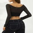 thumbnail image 4 of Women Off Shoulder Long Sleeve Top Mesh Ruched Slim Fit Crop T Shirt Sheer Blouse, 4 of 5