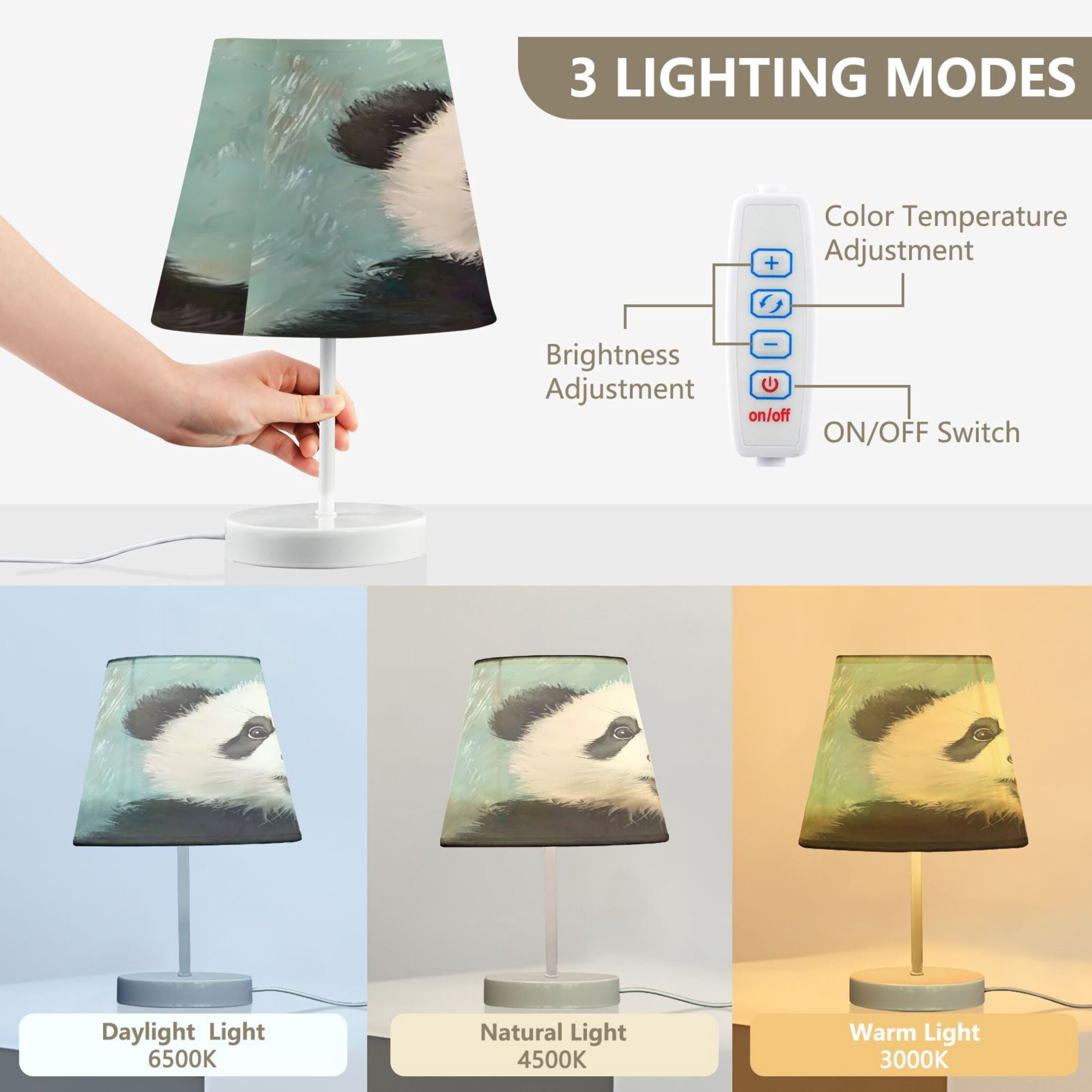 LED Desk Lamp Panda Oil Painting Table Nightstand Lamps with 3 Color Temperatures for Home Bedroom Living Room Decor 8x12
