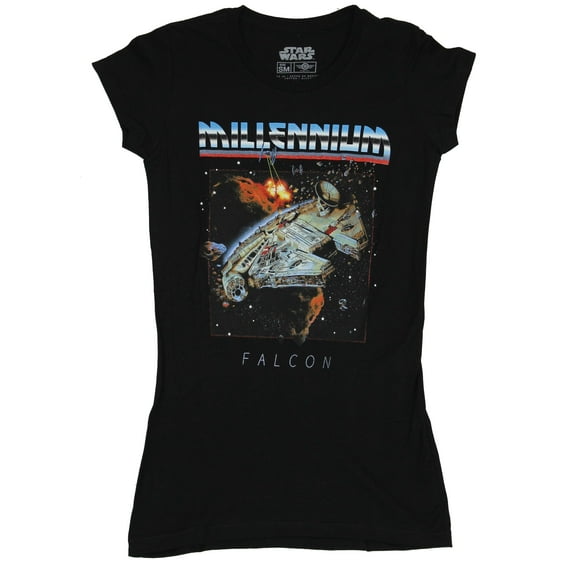 Star Wars Girls Juniors T-Shirt - Millennium Falcon Space Race Battle Image (Small)