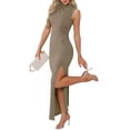 thumbnail image 4 of INSPIRE CHIC Sleeveless Bodycon Maxi Dress for Women's Mock Neck Ruched Front Side Slit Party Tank Dresses XS Khaki, 4 of 6