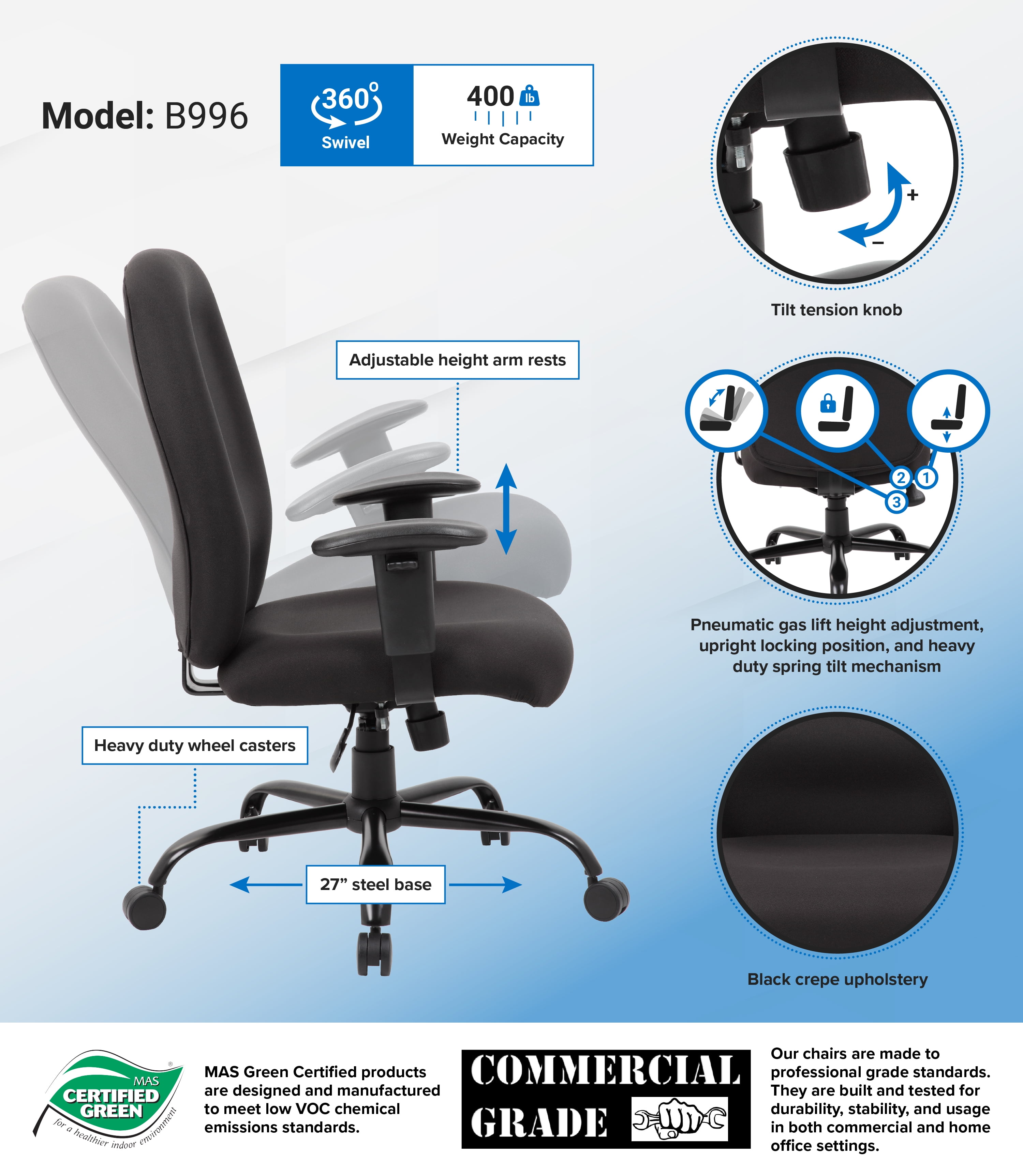 Boss Office Products Big and Tall Heavy Duty Task Chair, Black