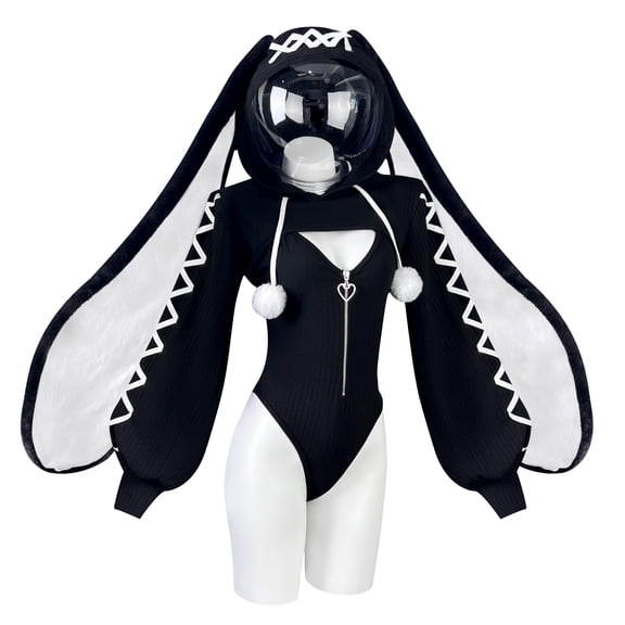 KORURACLUB Heart-Lock Floppy Bunny Jumpsuit Cosplay Outfit for Women Comfortable Fit Minimalist Basic Black Costume