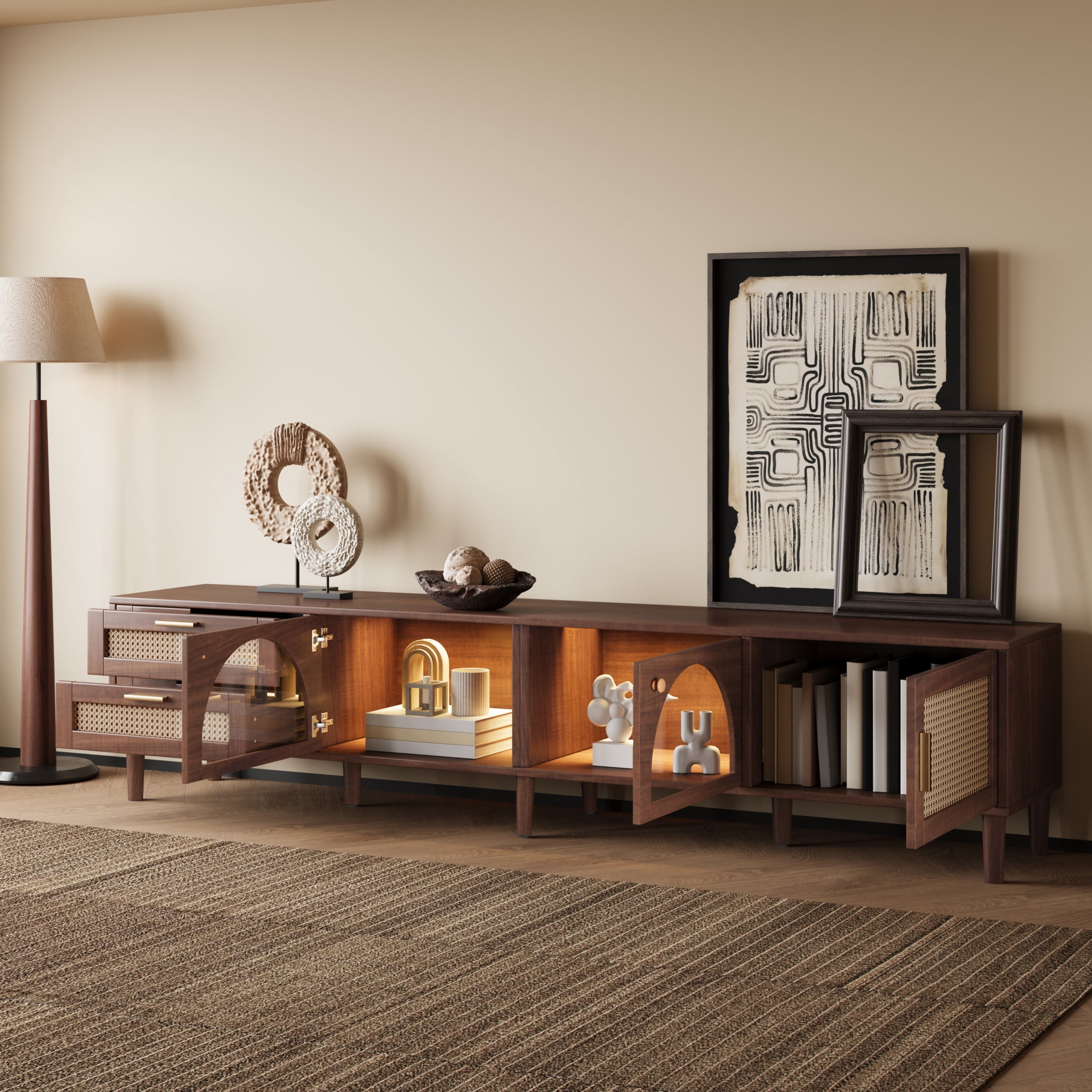 Noble House Modern TV Stand for TVs up to 90" with LED Lights, Glass Door Storage and Drawers, Dark Brown