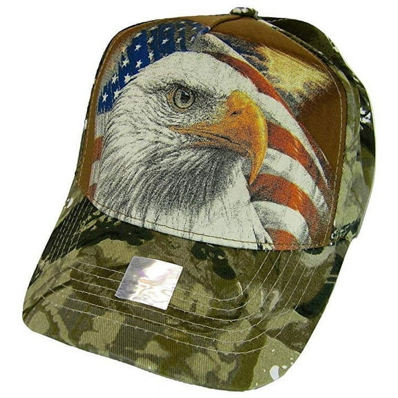 Men's Patriotic USA Flag & Eagle Hunting Camo Adjustable Baseball Cap (Brown)