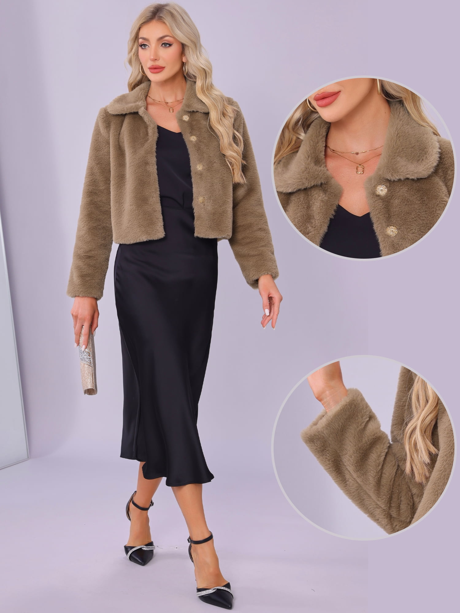 DARING DIVA Women's Dressy Faux Fur Cropped Snap Button Fluffy Jacket S Khaki