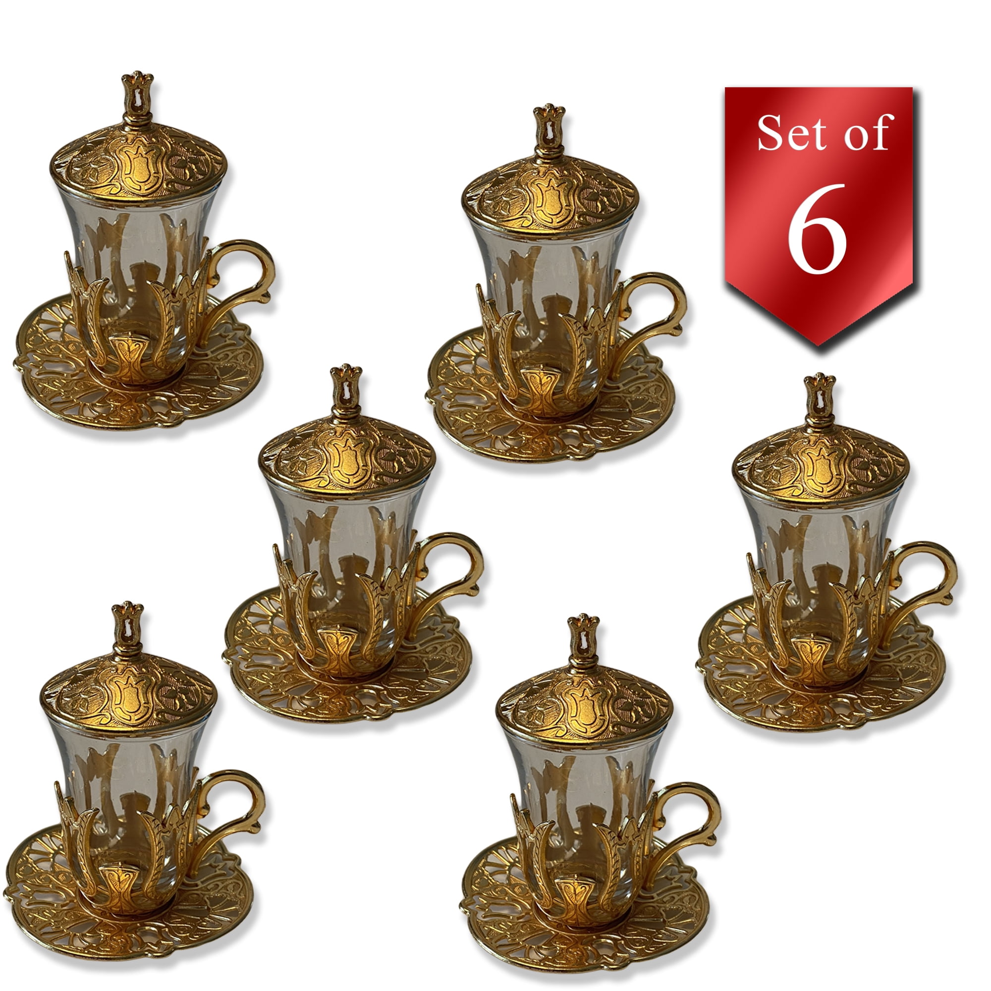 Silver Trim Glass Cups Dark Copper Saucers Spoons Tray Bowl Turkish Tea Set 