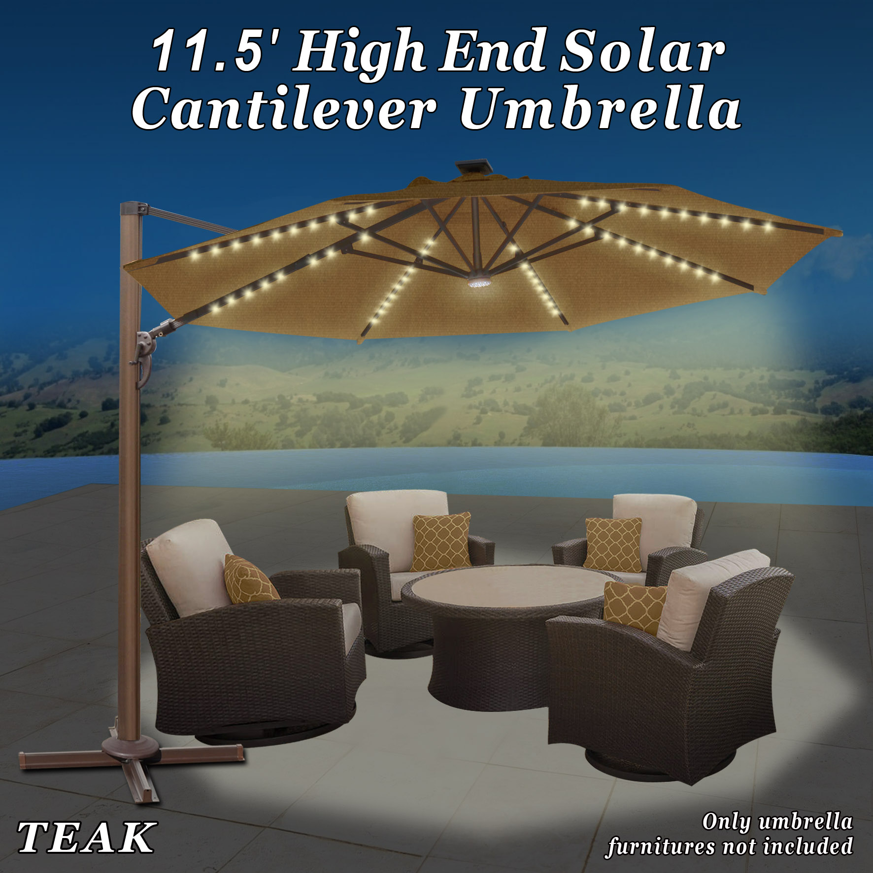 Sunny 11.5' Deluxe Cantilever Big Roma Umbrella Hanging Offset Solar Umbrella UV50+ Tilt & 360'C Rotation Patio Heavyduty Outdoor Sunshade Cantilever Crank Sunbrella Cover