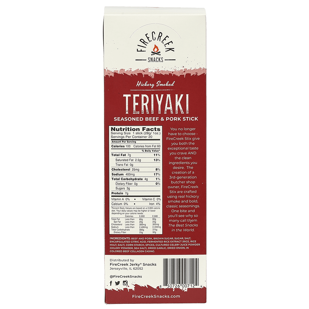 FireCreek Snacks Teriyaki Beef and Pork Snack Sticks, High Protein, Low Carb, Gluten Free (Box of 20 - 1oz ea.)
