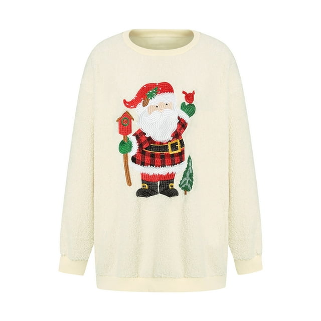 Kmbangi Women's Fleece Pullover Long Sleeve Round Neck Christmas Sweatshirt for Autumn Winter