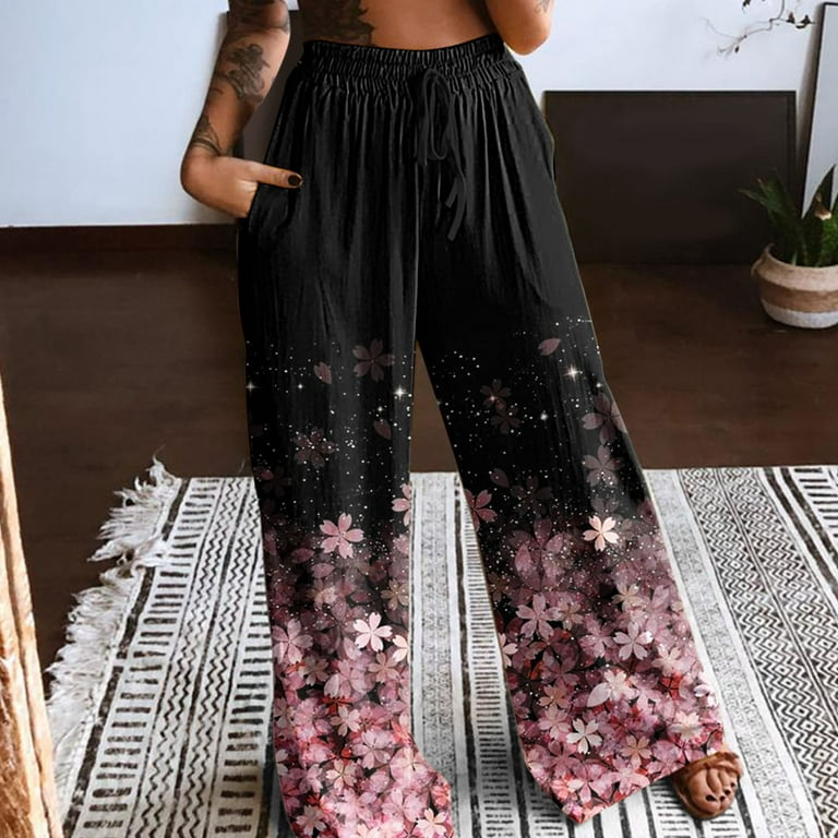 Women High Waist Drawstring Feather Butterfly Flower Printing Easy Trousers  Long Pants Boho Beach Pockets Pants 