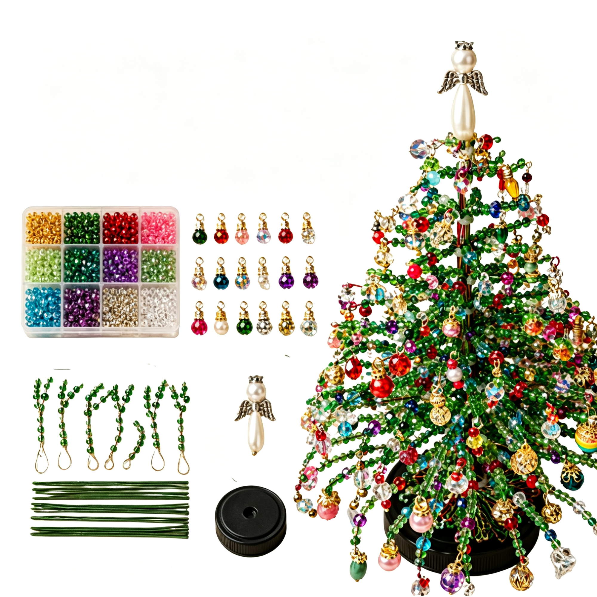 DIY Christmas Beaded Tree Kit Hand‑Made Mini Tabletop Christmas Tree Craft Set with Beads Angel Ornaments Base Holiday DIY Decor for Home Table Centerpiece