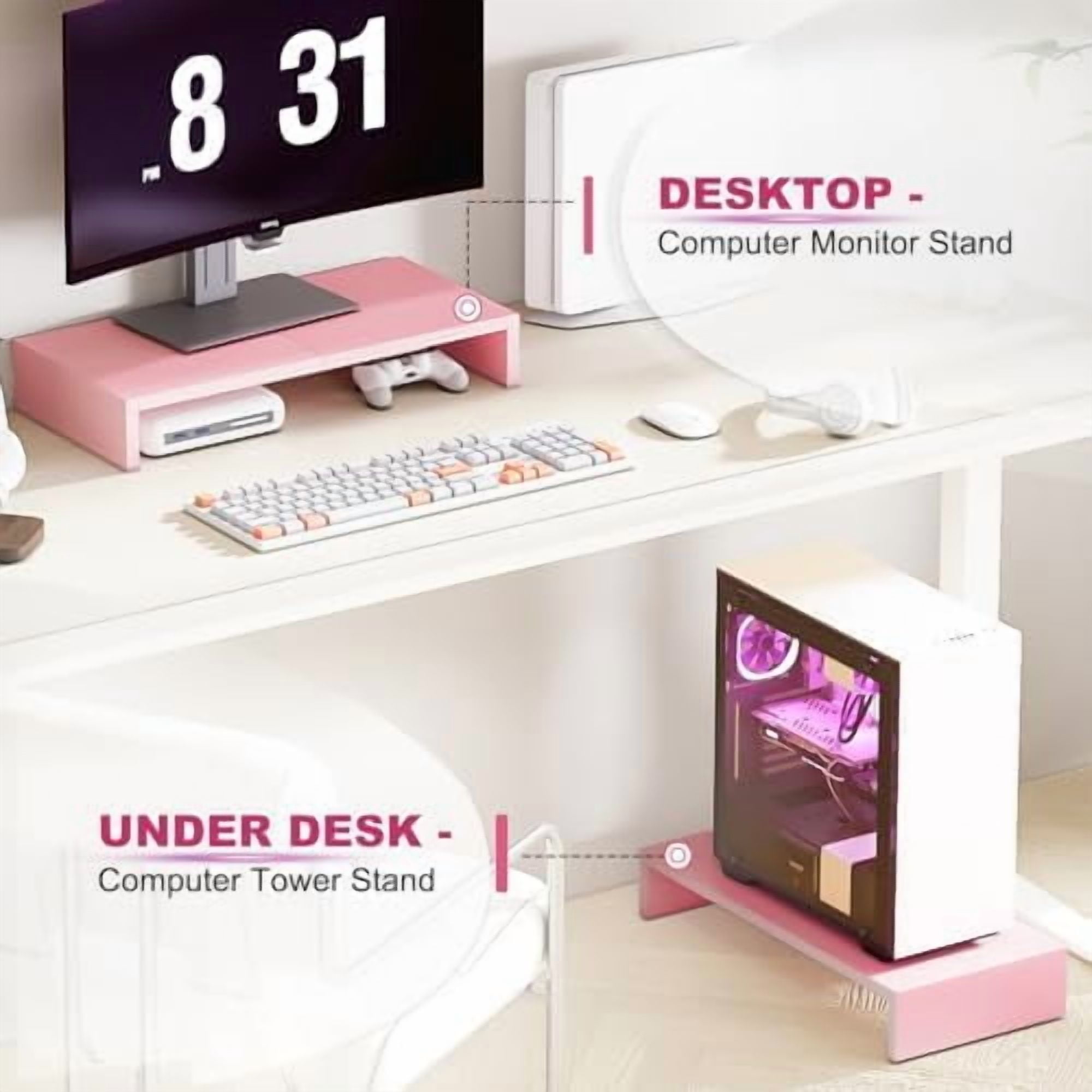 Pink Monitor Riser-20L inch, Wood Monitor Stand for Desk, Sturdy TV/Screen/PC/Printer/Laptop Riser,Computer Shelf with Storage TV Holder for Home Office (Pink, 20 inch)