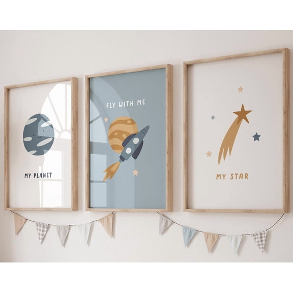 Luvia Baby Boy Nursery Bedroom, Little Boys Room Print, Planet, Rocket Ship, Set Of 3 Prints, Blue Nursery Prints, Space Nursery, Modern Wall Decor Set 3 Prints 8x12 UNFRAMED