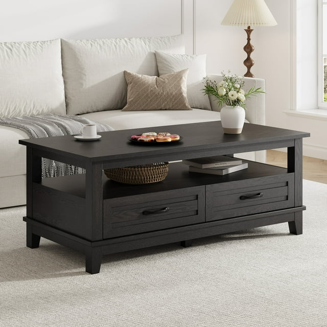 Living Room Coffee Table with Storage Drawers, 47.2" Farmhouse Coffee Table, Heavy Duty Table with Metal Handles, Easy Assembly Wood Table for Living Room Office