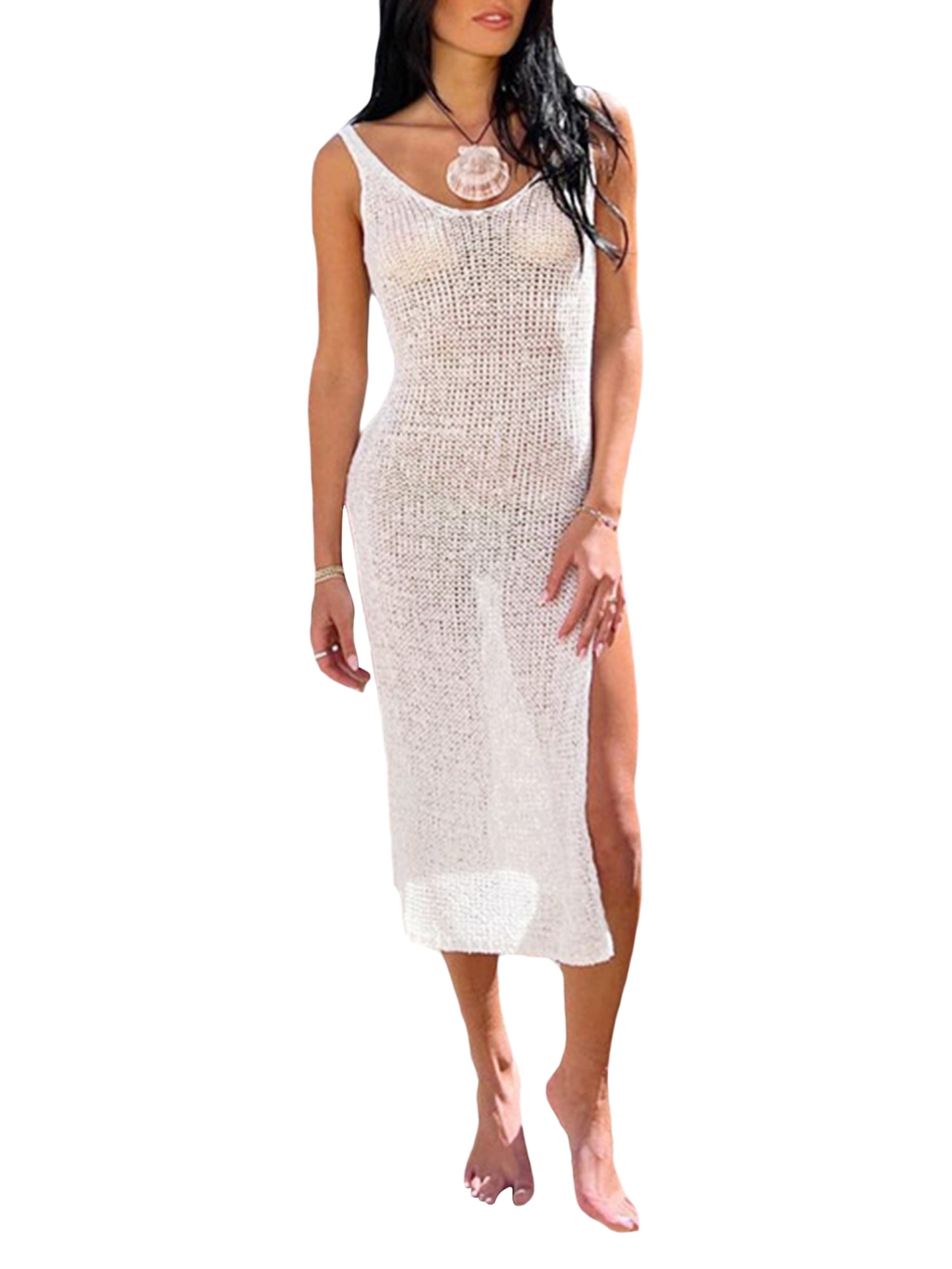 Crochet Cover Ups for Women Hollow Out Sleeveless Bikini Swimsuit Swimwear Side Split Long Beach