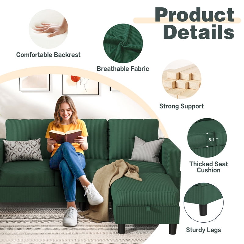 Walsunny Convertible Sectional Sofa Couch, Modern Linen Fabric L-Shaped Couch 3-Seat Sofa Sectional with Reversible Chaise for Small Living Room, Apartment and Small Space, Green