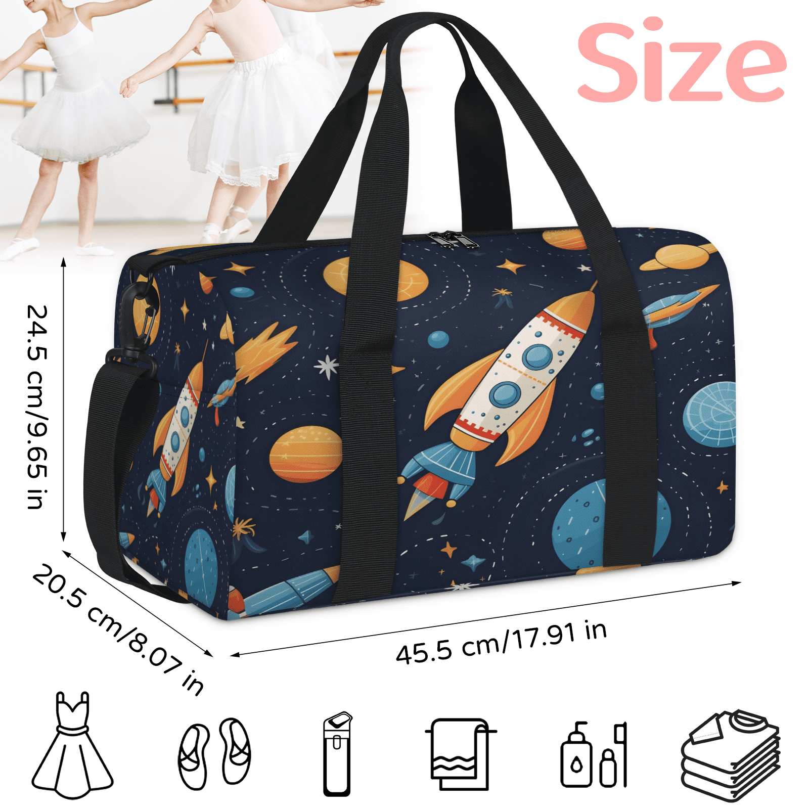 Herdesigns Space Rocket Galaxy Travel Duffle Bag Sports Yoga Weekender Overnight Carry on Workout Bags Lightweight Waterproof Gym Tote Bag for Women