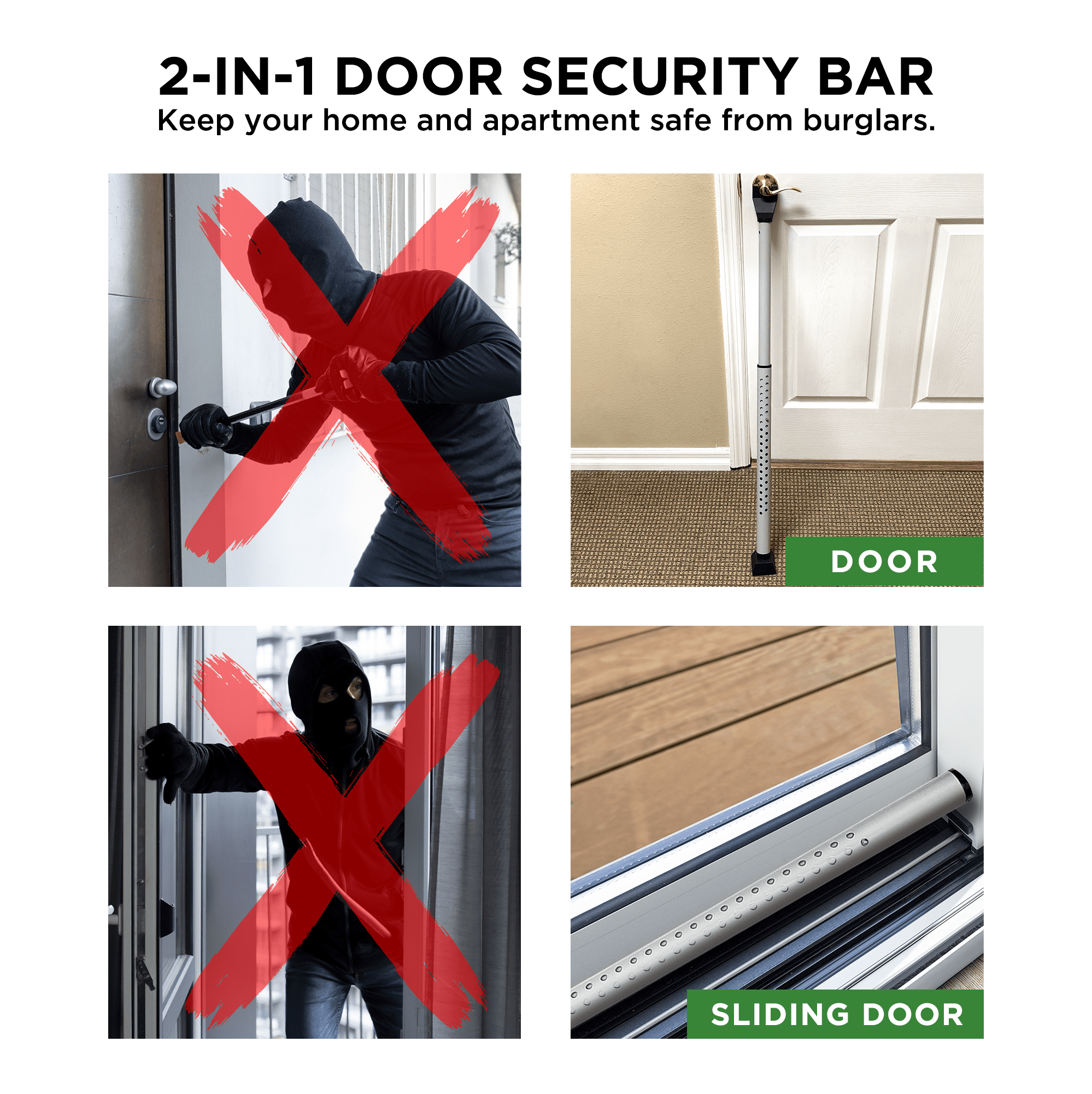 Door Stopper Security Bar, 2-in-1 Adjustable Door Steel Jammer, 300 lbs of Force, by Guard Dog Security, 1 pack White