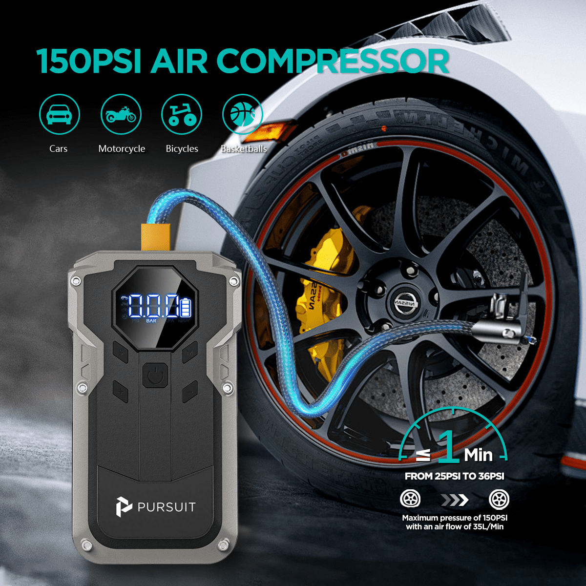 Pursuit 94000mAh Car Jump Starter with Air Compressor, 150PSI Portable Car Battery Jump Pack(8.0L Gas/3L Diesel) with Digital Tire Inflator, 12V Jump Box Car Booster Power Bank with LED Light