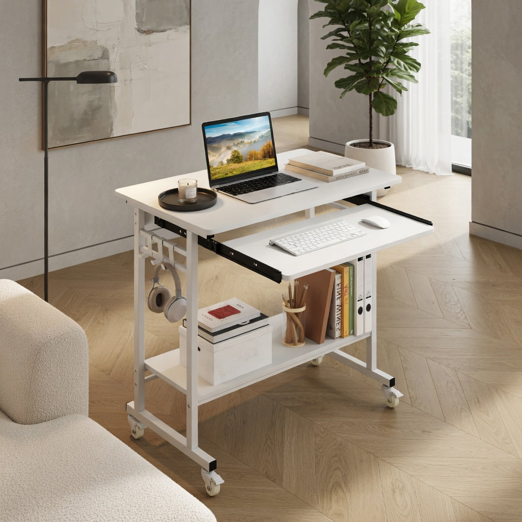 Demi Bonn Rolling Laptop Table with Pull-out Keyboard Tray and Hooks, Mobile Storage Desk for Home Office Bedroom Dorm, Smooth Casters with Brakes, White