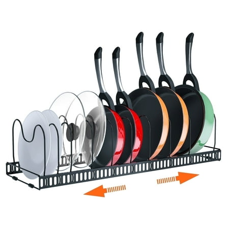 Kusmil Expandable Pots and Pans Lid Organizer Rack, Cabinet Organizer with 10 Adjustable Compartment