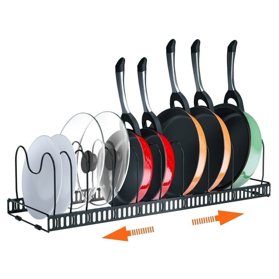 Kusmil Expandable Pots and Pans Lid Organizer Rack, Cabinet Organizer with 10 Adjustable Compartment